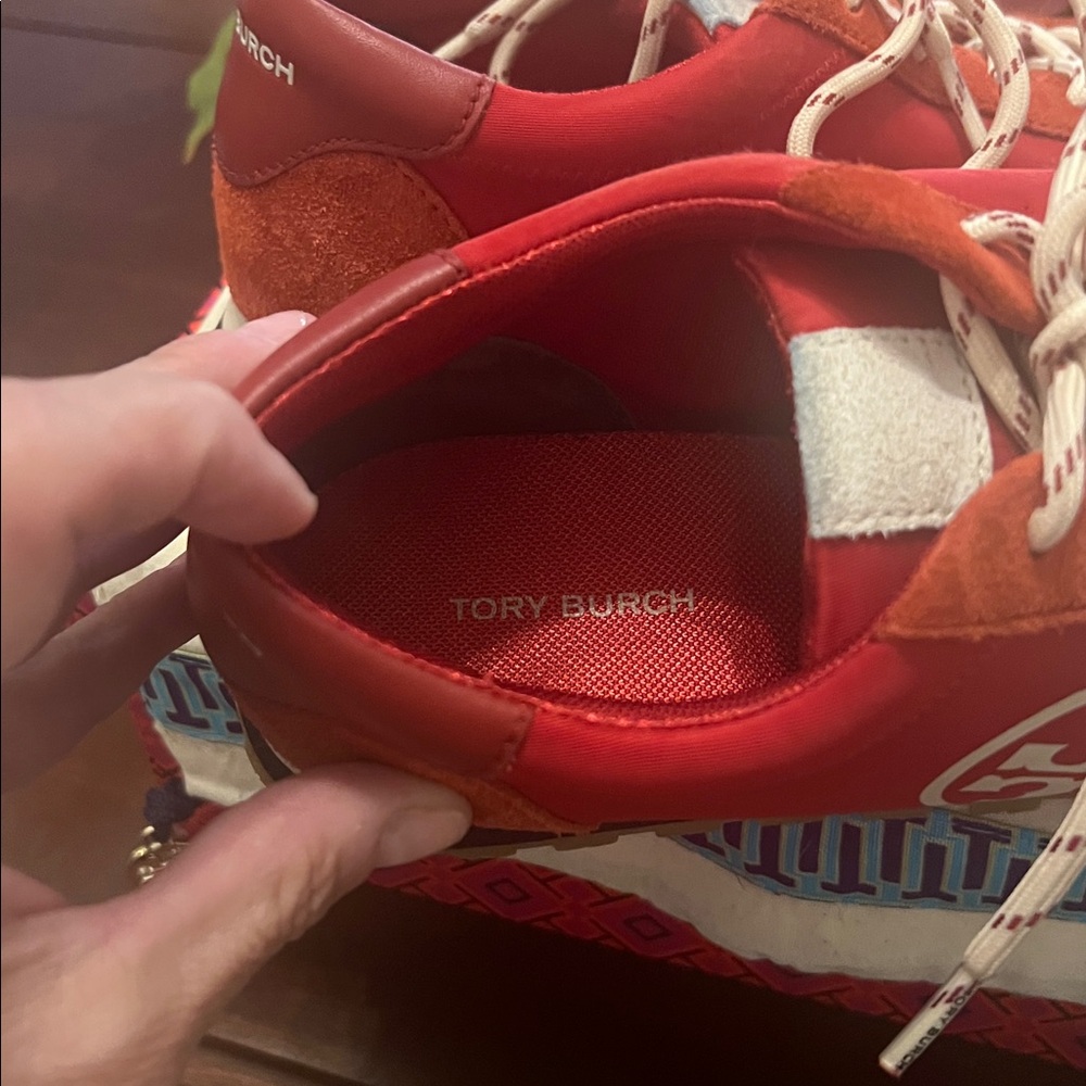 Tory Burch Women's Vintage Nylon Runner sneaker in red suede and nylon. - Picture 9 of 9